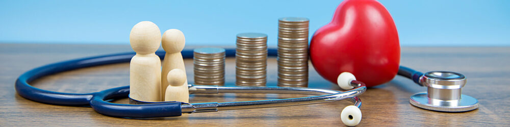 family with a coins stacked in a graph shape and heart with stethoscope. concepts a physical examination for health care and medical insurance.