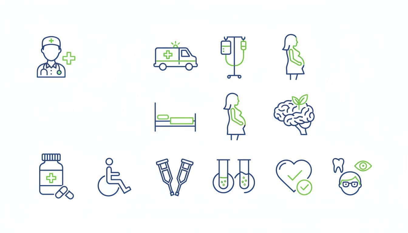 Flat vector icons depicting 10 essential health benefits arranged in two rows on a clean white background, including outpatient care, ambulance, hospital bed, maternity, mental health, prescriptions, rehabilitation, lab tests, preventive wellness, and pediatric services in blue-green line art style.