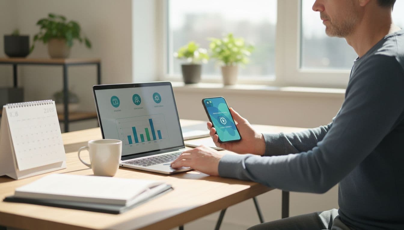 Middle-aged person at home office desk using smartphone and laptop to check insurance coverage, provider network, and cost estimates for upcoming doctor visit, with relaxed focused expression in bright natural daylight.