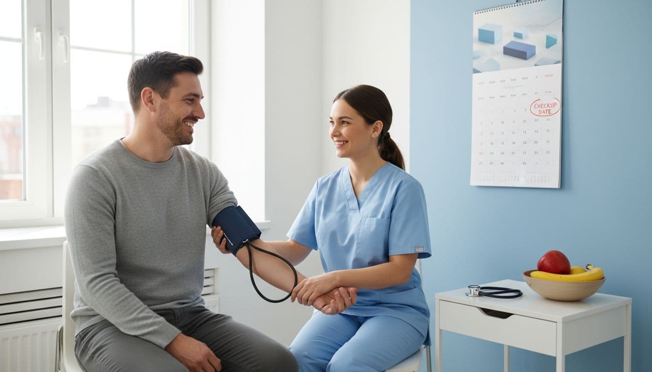 Bright modern clinic room where a doctor checks blood pressure on a smiling patient during a preventive wellness visit, with stethoscope next to fresh fruits on the table and wall calendar marked for checkup.