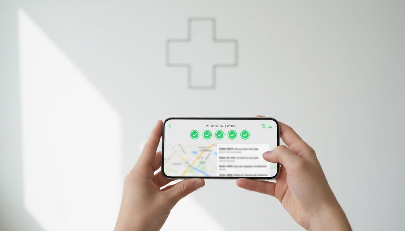 Close-up of hands holding a smartphone displaying doctor search in an insurance app with green in-network status icons on a simple background with subtle medical cross, photorealistic bright daylight.