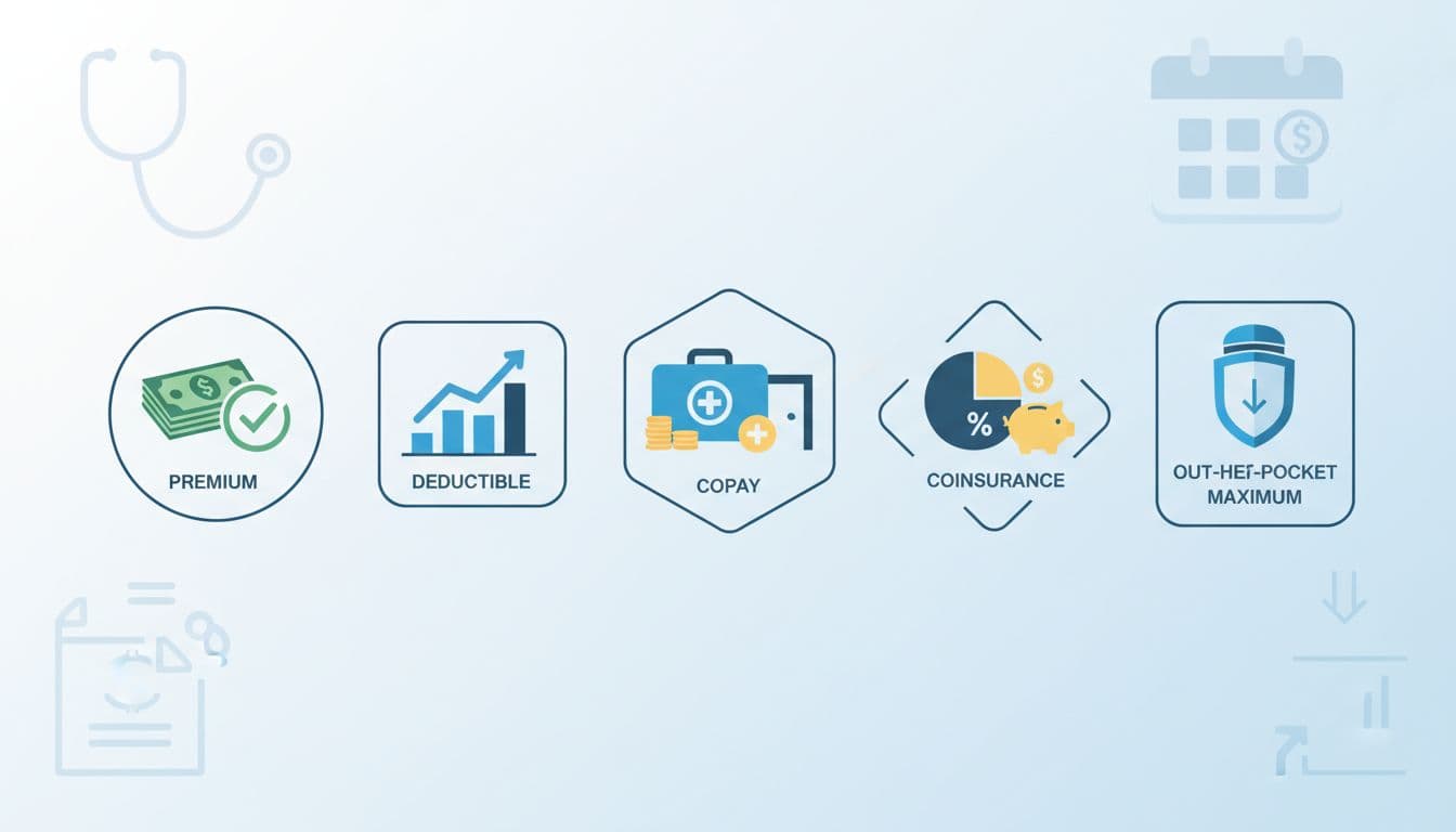 Simple illustration depicting the sequence of health insurance payments: premium checkmark, deductible progress bar, copay at doctor visit, coinsurance percentage, and out-of-pocket maximum cap. Five icons flow horizontally on a clean background with subtle medical elements like stethoscope and calendar in flat vector style.