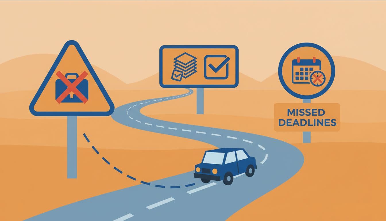 Illustration of common health insurance pitfalls like out-of-network doctors, unchecked bills, and missed deadlines depicted as warning signs on a road with a driver avoiding them, in simple flat vector style using blues and oranges, clean composition, no people visible, no text, no watermarks.
