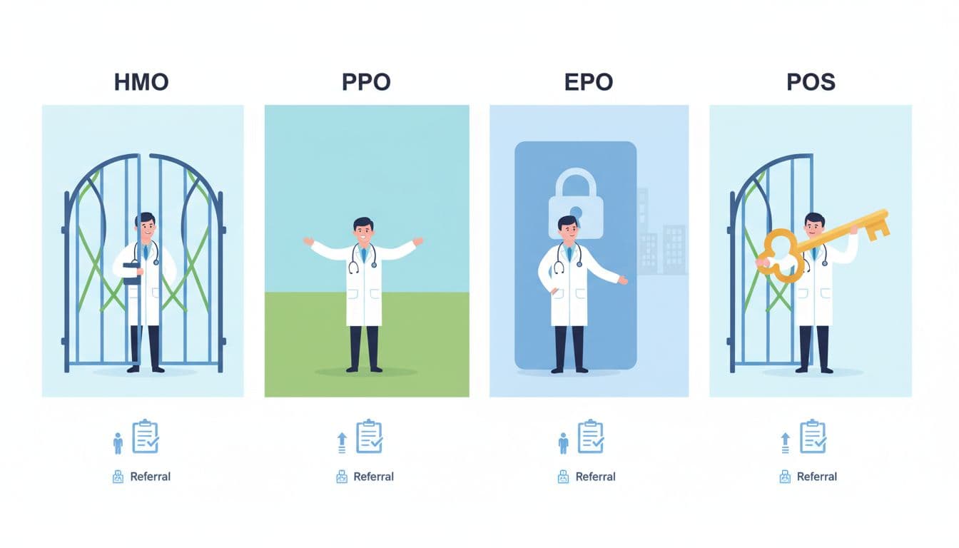 Clean infographic illustration with four side-by-side panels comparing HMO, PPO, EPO, and POS health insurance plans using simple icons for network rules, flexibility, and referral requirements. Flat vector art in soft medical blues and greens featuring one doctor figure per panel, no text, watermarks, or additional people.
