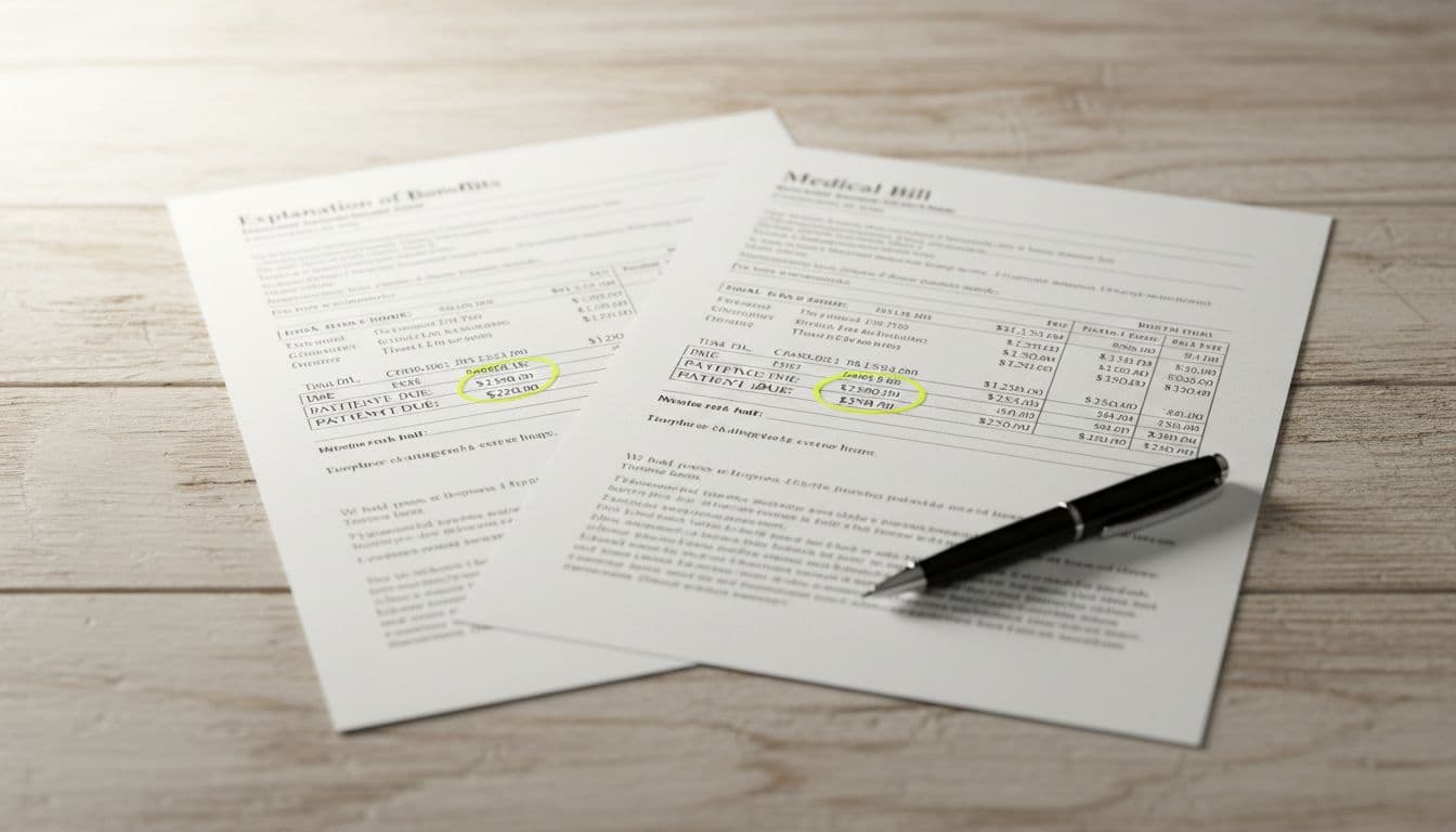 Side-by-side insurance EOB statement next to medical bill with matching highlighted numbers on a wooden desk with pen and soft office lighting, realistic photo, no people or watermarks.